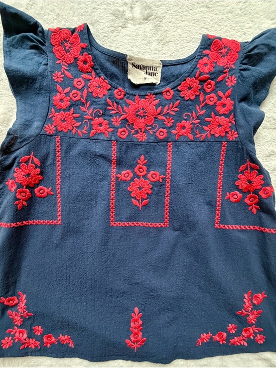 Savanna Jane Tops - Savanna Jane Navy Cotton Top with Coral Red Floral Stitching